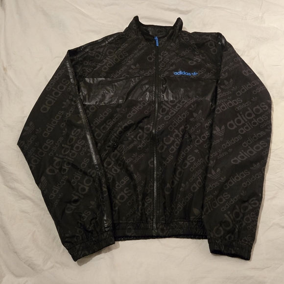 NWOT: Adidas Black Allover Logo Windbreaker Jacket - Size: Large; Black (w/Blue) - Picture 4 of 16